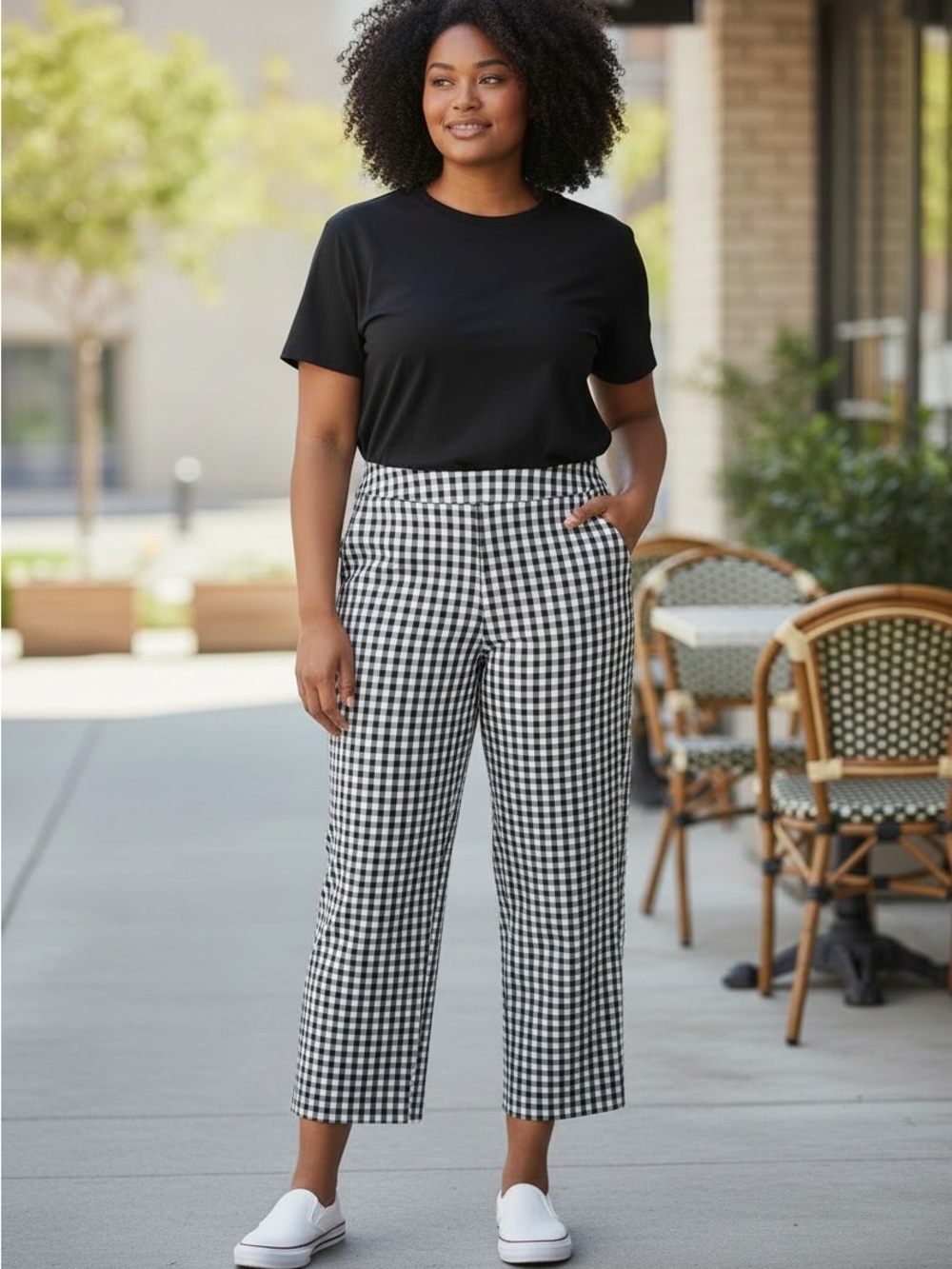 Time and Tru Black Tee with Black & White Gingham Cropped Pants